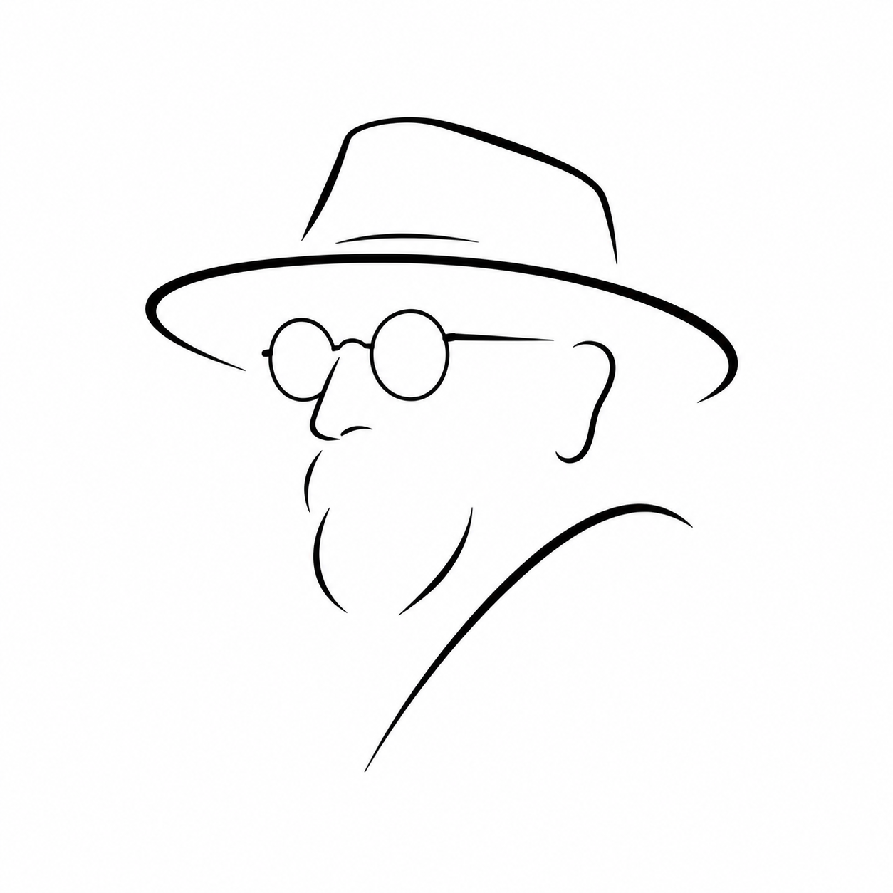 Line drawing of Russell in his hat and round glasses